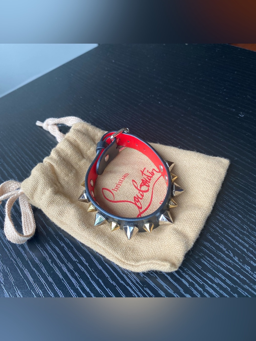 Christian Louboutin Black Leather Bracelet with Red Lining and Gold Spikes